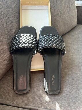 Michael Kors Amelia Black Braided Slide Sandals
